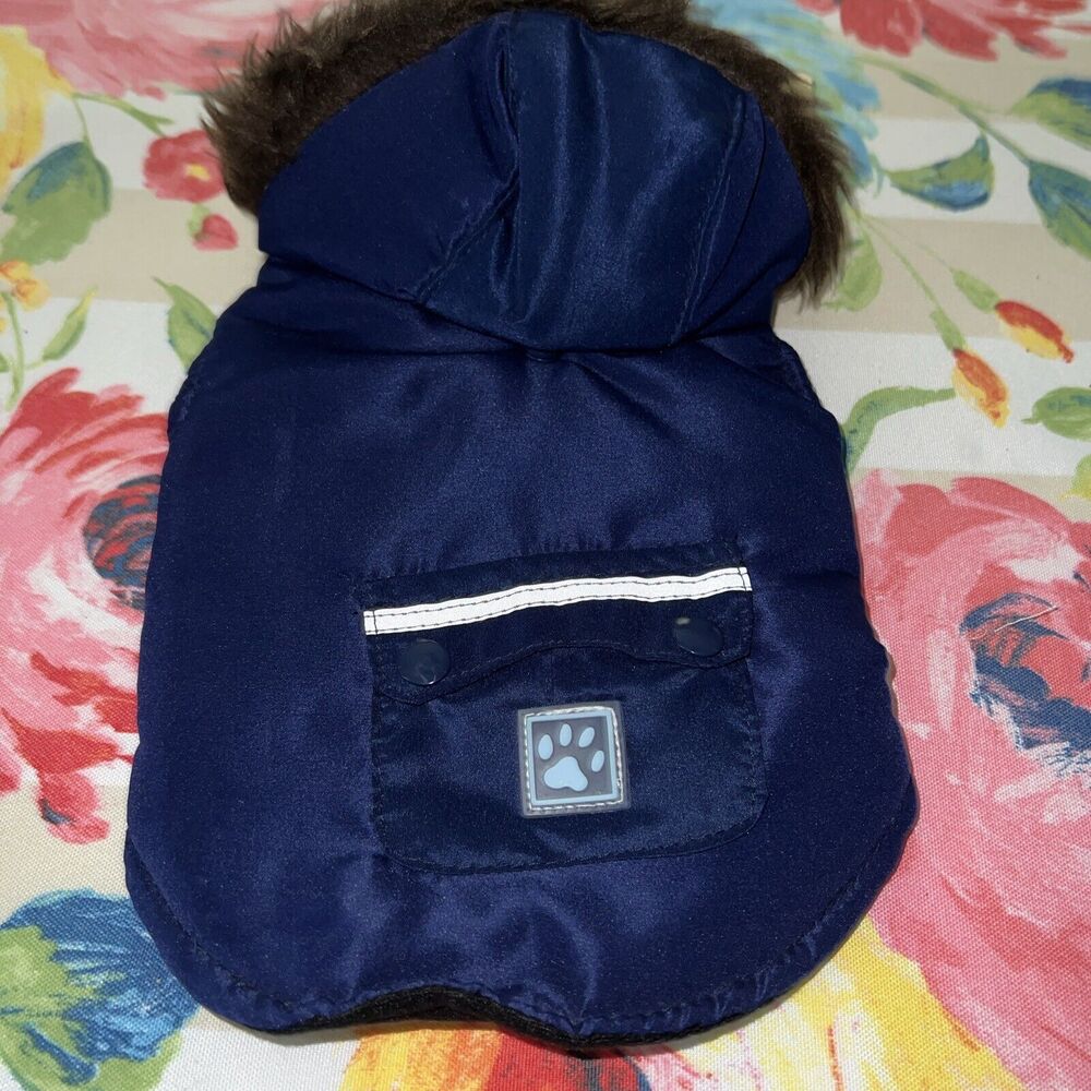 NWT Puffer Dog Coat Jacket Size XS Navy Blue 9-11 Inch Base Of Neck To Tail Hood